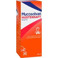 Orange Hustenmittelschachtel für Schleimlösung bei Atemwegserkrankungen.
