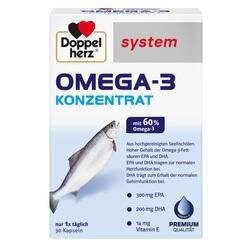 Packung Doppelherz Omega-3 Konzentrat mit Fischbild und Infos zu Inhalt und Dosierung.