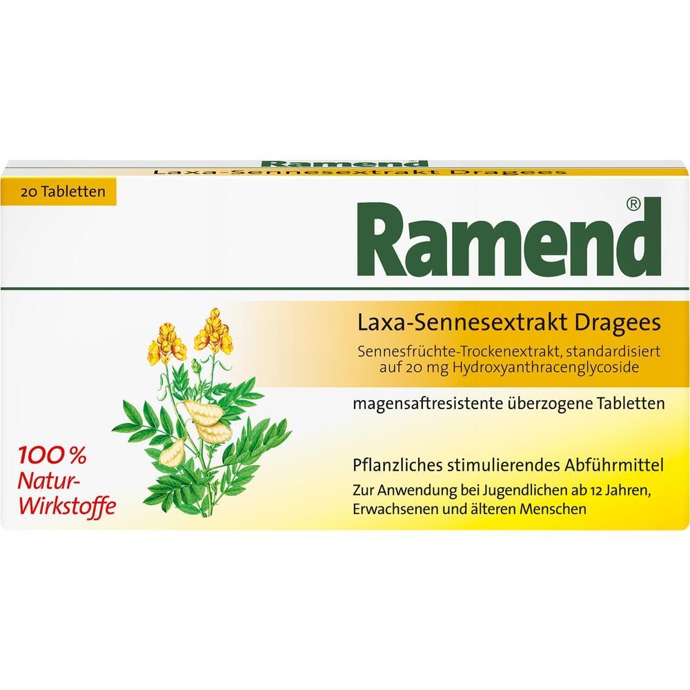 Packung mit Ramend Laxa-Sennesextrakt Tabletten zur Verdauungsunterstützung.